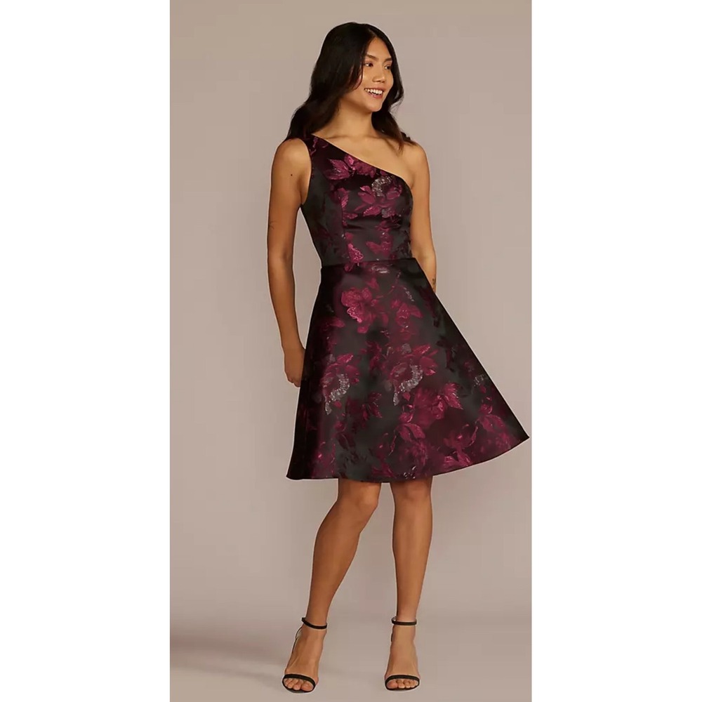 DB Studio Womens Size 10 One Shoulder Purple Floral Jacquard Fit‎ Flare Dress